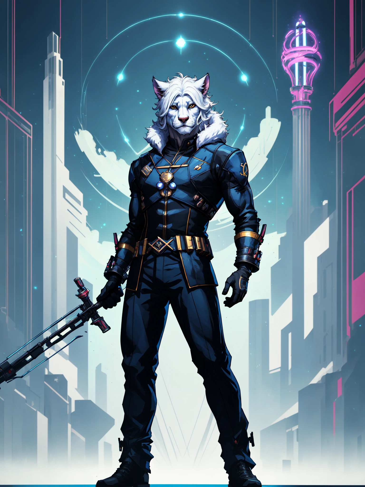 solo, simple background, gloves, long sleeves, 1boy, holding, standing, full body, white hair, male focus, white gloves, furry, anthro, hrothgar, cat features, blue background, staff, holding staff, magic, cyberpunk background, sci fi vibes, Best_QualityPos