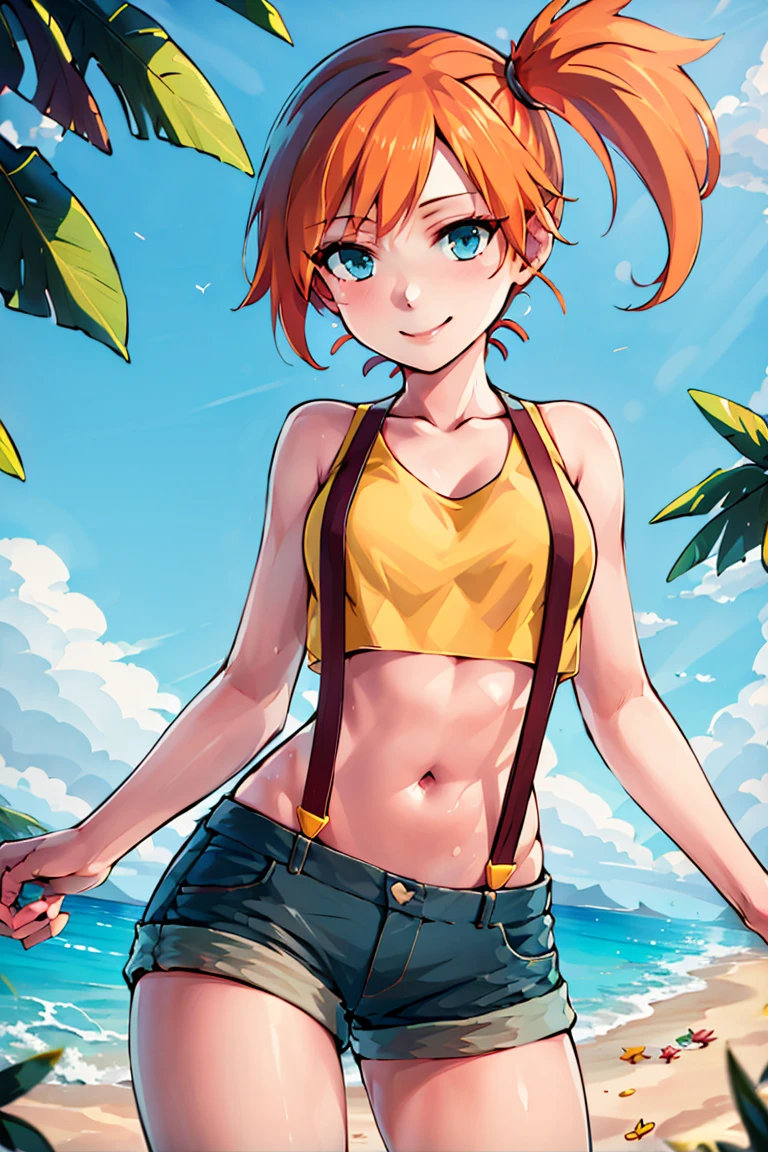 <lora:ricegnat_style:0.8>,((masterpiece,best quality)), absurdres, <lora:Misty_Pokemon_v2_Anime:0.8>, Misty_Pokemon, yellow crop top, suspenders, side ponytail, orange hair, denim shorts, solo, smiling, looking at viewer, cowboy shot, cinematic composition, contrapposto, tropical beach,