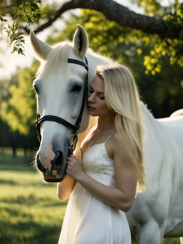 a girl standing next to a white horse, long hair, blonde hair, dress, closed eyes, outdoors, white dress, blurry, from side, tree, blurry background, animal, nature, realistic