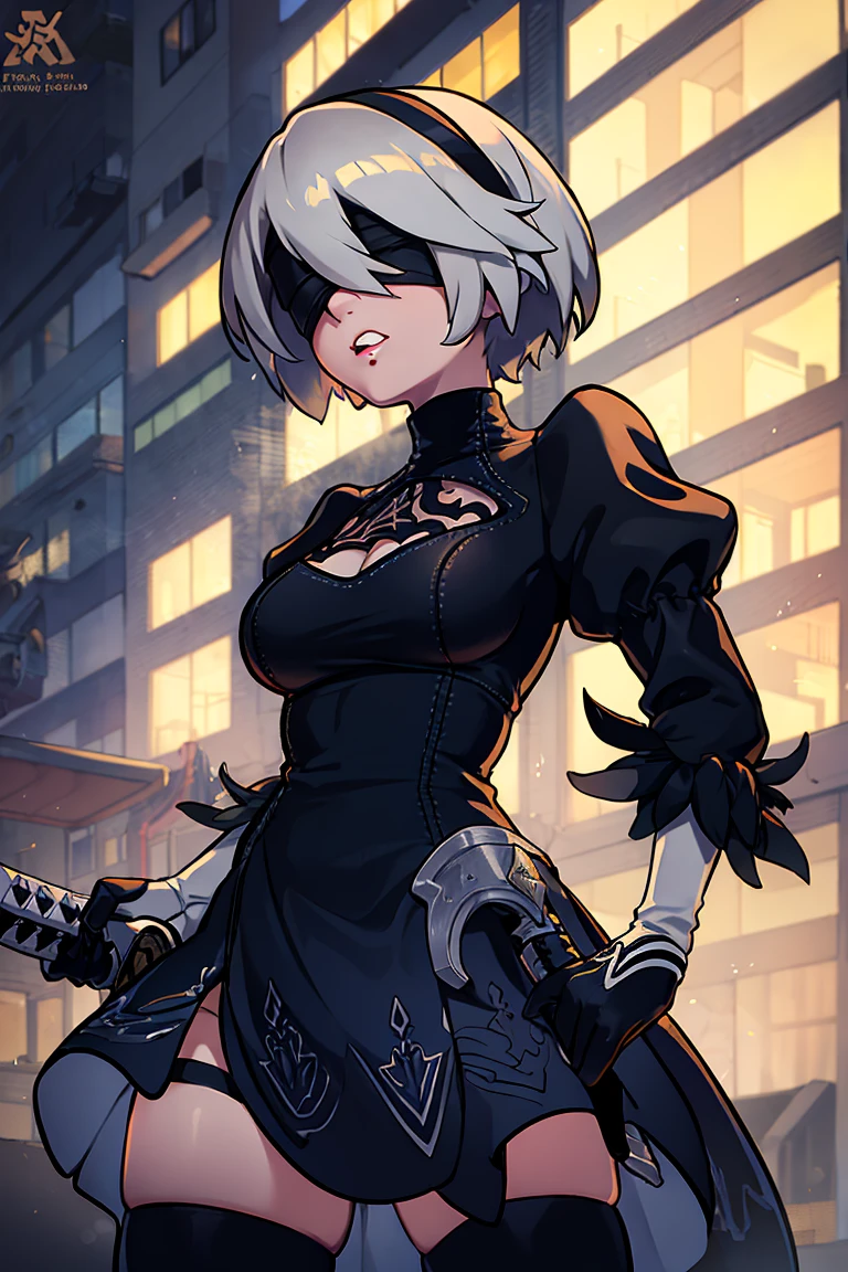 <lora:the_other_half_style:0.8>,((masterpiece,best quality)), absurdres, hm2b, black blindfold, covered eyes, mole under mouth, clothing cutout, long sleeves, puffy sleeves,  juliet sleeves, feather trim, black thighhighs, black gloves, black dress, black skirt, thigh boots, <lora:y2b_v2-1:0.7>, holding weapon, katana, night, cyberpunk,