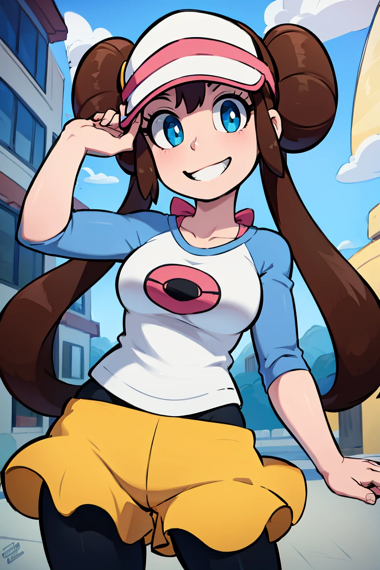 <lora:the_other_half_style:0.8>,((masterpiece,best quality)), absurdres, long hair,  <lora:rosa_(pokemon)_v10:0.7>, ro1, hair bun, blue eyes, twintails, visor cap, pantyhose, raglan sleeves, yellow shorts, shirt, pink bow, wristwatch, solo, smiling, looking at viewer, cowboy shot,  cinematic composition, contrapposto,