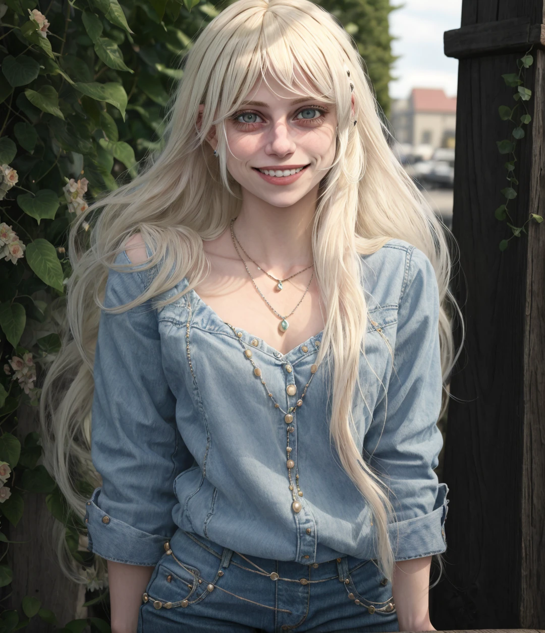 GS-Womanly, 1girl, solo, blonde hair, long hair, smile, jewelry, realistic, necklace, grin, pants, denim, signature, masterpiece, best quality,