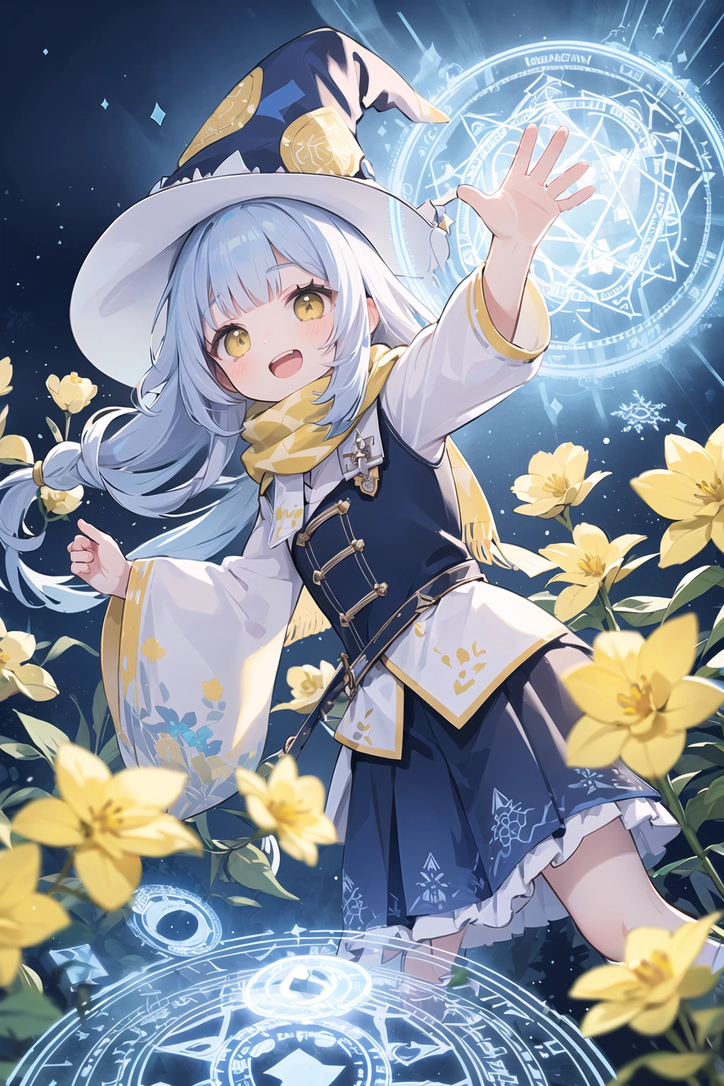 absurdres, ultra-detail, (teenage girl:1.5), (curvy:1.2), (dynamic angle, dynamic pose:1.2), (diagonal composition:1.5)
BREAK (long hair, side braid, blunt bangs:1.2), (witch hat:1.3), (blouse with floral print, winter scarf, flared long skirt:1.3), (smile, double teeth, open mouth:1.2), red eyes
BREAK (dreamy ambiance:1.4), [:(light gradation watercolor:1.5):10], (soft focus:1.1)
BREAK (shining star effects:1.3), (magical effects:1.3), (magic circle:1.3), (blue and yellow flowers:1.6)