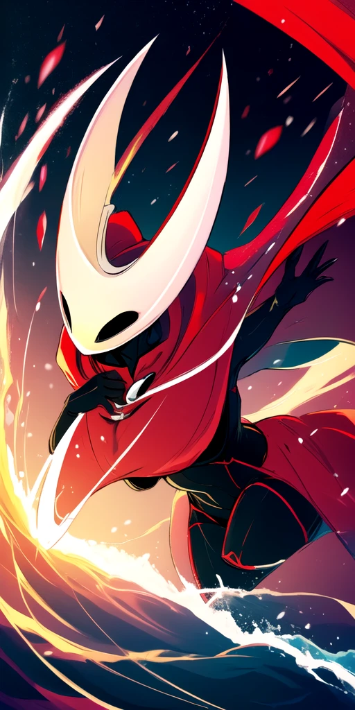 (1girl:small breasts, red cape, mask, <lora:LoRA_Hornet:0.8>, hornet \(hollow knight\), black skin), posing for a photoshoot