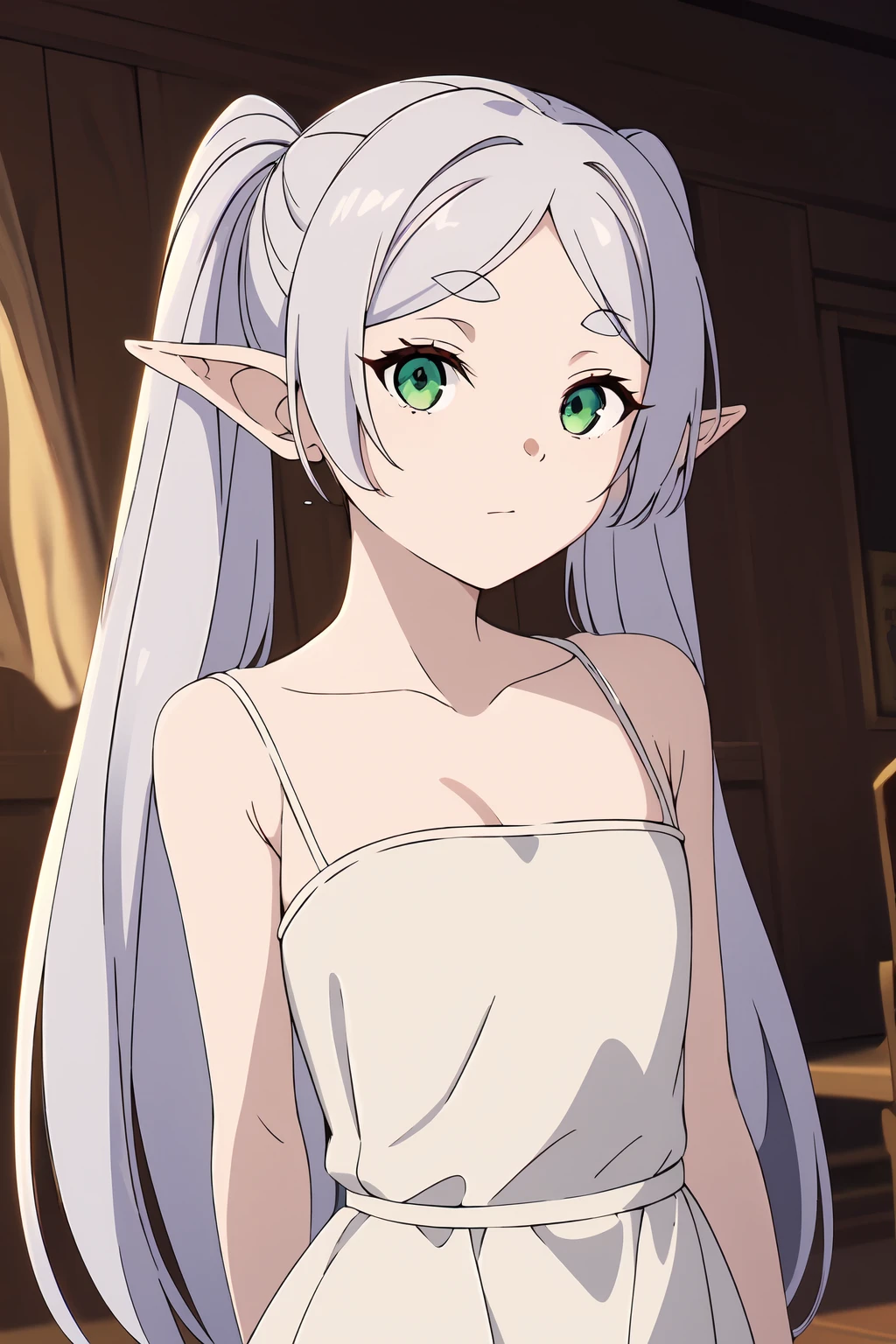 <lora:èèè®1V:0.6>,èèè®,1girl,solo,elf,white hair,grey hair,earrisleeveless dress,white dress,sleeveless dress,bare shoulders,collarbone,ngs,pointy ears,long hair,ponytail,green eyes,twintails,parted bangs,thick eyebrows,nsfw,small breasts,cleavage,arms behind back,, 20yo,Young female,Beautiful Finger,Beautiful long legs,Beautiful body,Beautiful Nose,Beautiful character design, perfect eyes, perfect face,expressive eyes,
looking at viewer,
official art,extremely detailed CG unity 8k wallpaper, perfect lighting,Colorful, Bright_Front_face_Lighting,shiny skin, 
(masterpiece:1.0),(best_quality:1.0), ultra high res,4K,ultra-detailed,
photography, 8K, HDR, highres, absurdres:1.2, Kodak portra 400, film grain, blurry background, bokeh:1.2, lens flare, (vibrant_color:1.2), (beautiful_face:1.5),(narrow_waist), ,NSFW,, Exquisite visuals, high-definition,masterpiece,best quality,