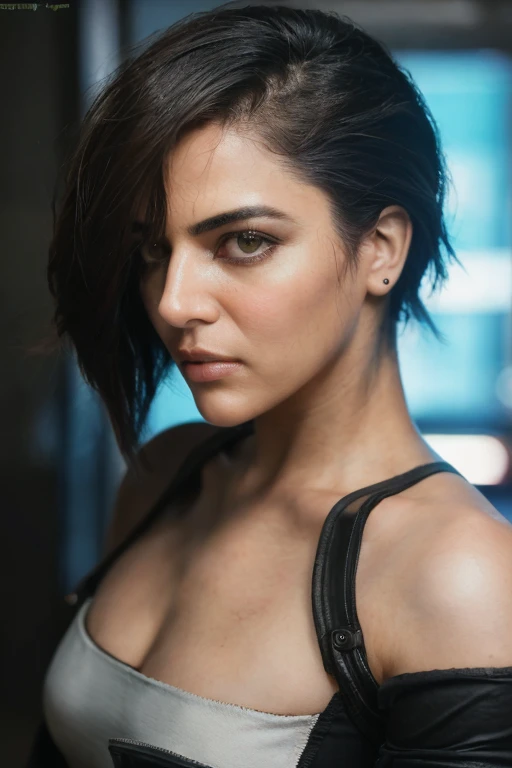 <lora:Wamiqa-09:0.85>, (photo of a gorgeous woman), (professional photography), (cyberpunk background), ((as a cyberpunk fighter)), (medium body portrait), ((side cut hair)), masterpiece, best quality, (eye contact), (looking at the viewer), centred, (shot from front), blurred_background, proportional