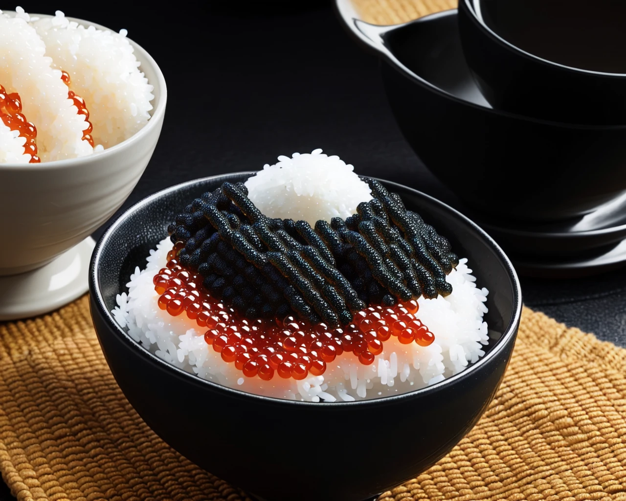 <lora:fish_roe_v1:0.5>,food, indoors, blurry, cup, no humans, food focus, still life, rice bowl, black roe, caviar, realistic, cinematic lighting