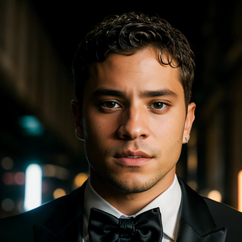 face portrait of andre_lamoglia person using a tuxedo, in blade runner, professional photography, high resolution, 4k, detailed photo, <lora:andre_lamoglia_33300:1>