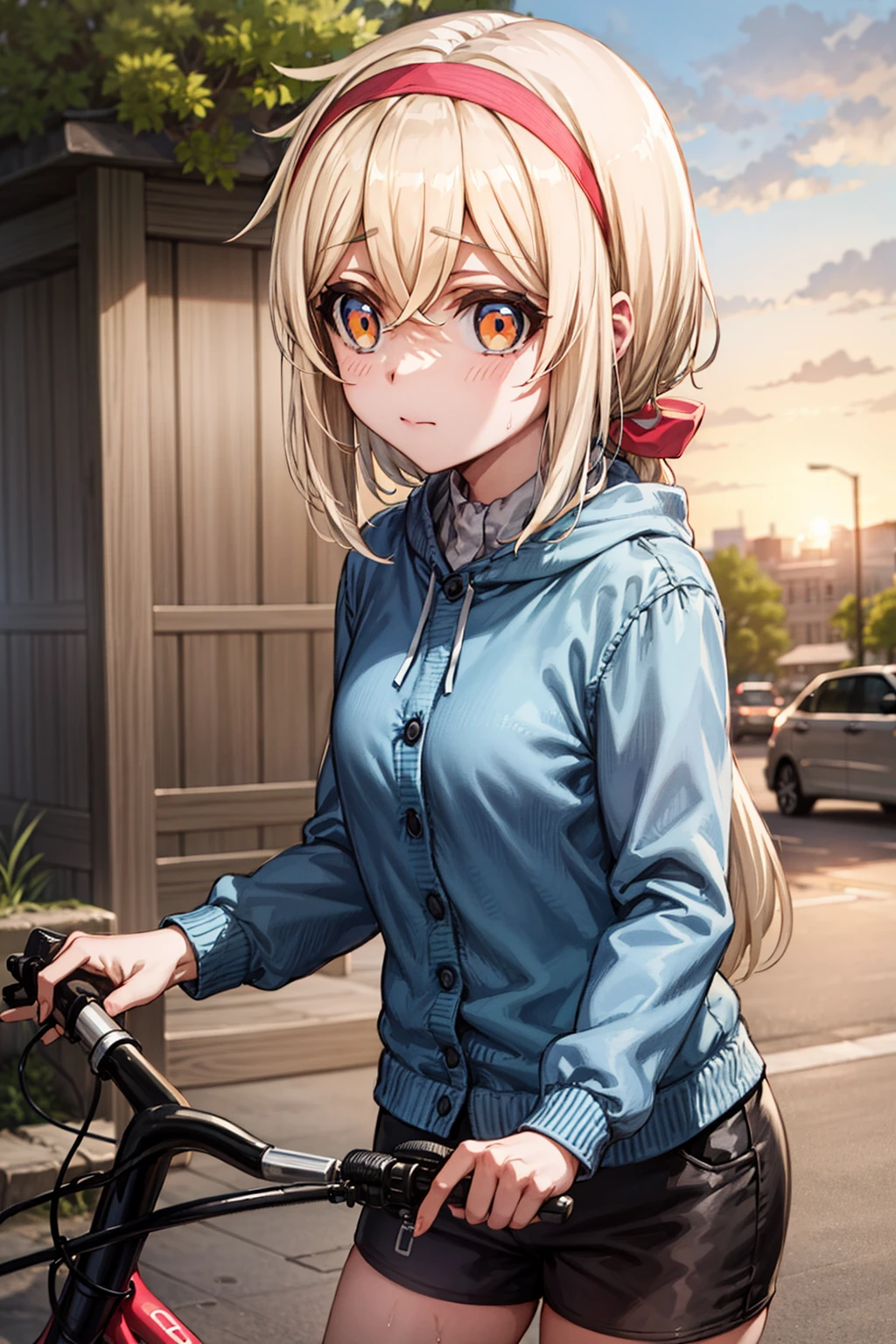 1girl, (masterpiece:1.3), (high resolution), (8K), (extremely detailed), (4k), (pixiv), perfect face, nice eyes and face, (best quality), (super detailed), detailed face and eyes, (solo), textured skin, absurdres, highres, <lora:more_details:0.5>, <lora:alyssa-09:0.7>, alyssawz, orange eyes, very long hair, blonde hair, red hairband, hair ribbon, bike shorts, bicycle, city, street, sunset, natural light, blue shirt, closed mouth, alternate costume, outdoors, sweat, tire
