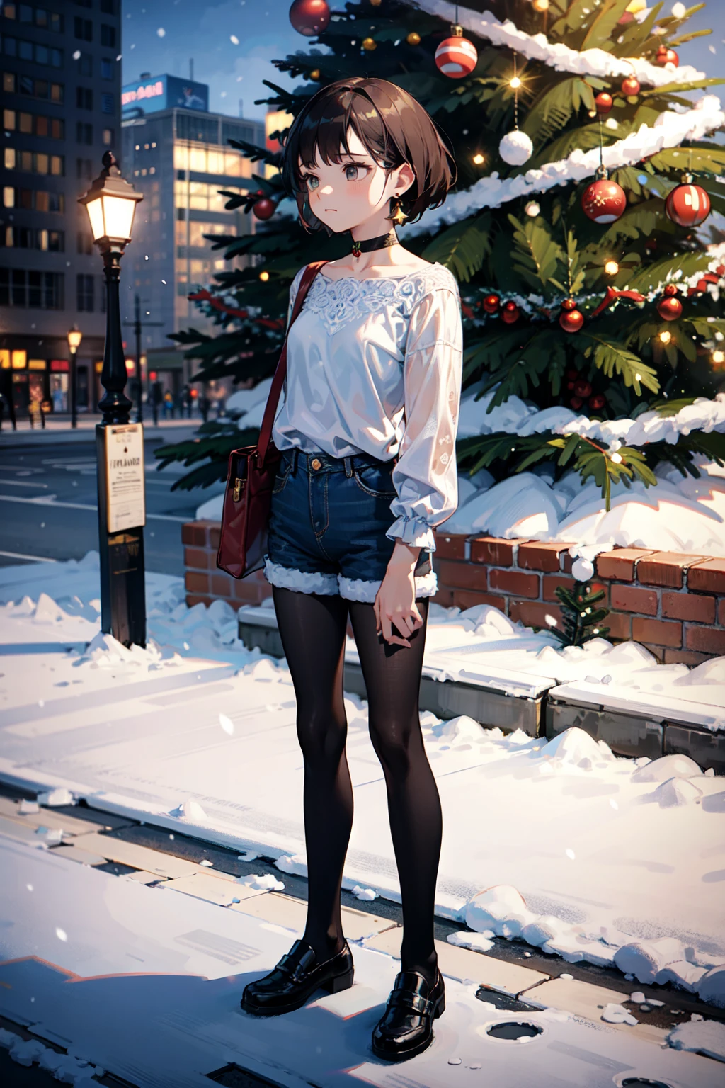 (best quality, masterpiece:1.1), (Intricate detailed:1.2),   ((full body, sideview,   looking up, 1girl, miserable face, brown hair, short hair, pointy hair, hime cut,       white shirt, long sleeves, see-through shirt, denim shorts, choker, black pantyhose under pants, small earrings BREAK ( (Christmas tree, christmas), snow, (public square:1.2)) in the background,  ):0.8)
