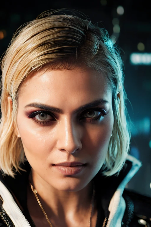<lora:Malavika-09:0.85>, (photo of a gorgeous woman), (professional photography), (cyberpunk background), ((as a cyberpunk fighter)), (portrait), ((short blonde hair)), masterpiece, best quality, (eye contact), (looking at the viewer), centred, (shot from front), blurred_background, proportional
