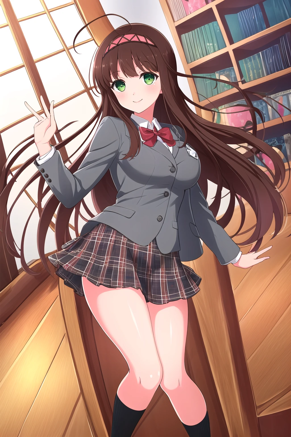 ((Tabletop, highest quality, High resolution, , Pixel perfect, 4K,))), 1 female teacher, single, alone, beauty、The whole body is visible、 ((Long Wavy Hair, bangs, Brown Hair)), ((Brown eyes, Beautiful eyelashes, Realistic eyes)), ((Detailed face, Blushing:1.2)), ((Smooth texture:0.75, Realistic texture:0.65, Realistic:1.1, Anime CG Style)), Big Breasts, Dynamic Angle, Perfect body, (( , , Santa Claus Cosplay Hat、 Santa Claus cosplay off-shoulder sweater,、Santa Claus cosplay long flare skirt、pink floral lace panties 、)), 、、Very embarrassing panic smile, 、、classroom、、Leaning forward、、look back、Stick your butt out、No bra、 、Angle from below)、