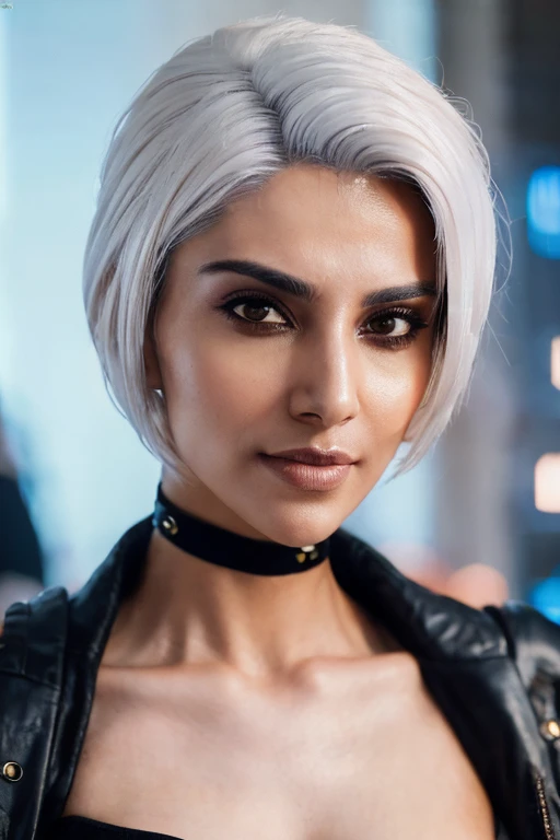 <lora:Meenakshi-09:0.85>, (photo of a gorgeous woman), (professional photography), (cyberpunk  background), ((as a cyberpunk fighter)), (medium body portrait), ((crew cut white hair)), masterpiece, best quality, (eye contact), (looking at the viewer), centred, (shot from front), blurred_background, proportional