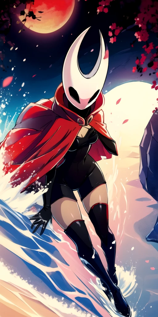 (1girl:small breasts, red cape, mask, <lora:LoRA_Hornet:0.8>, hornet \(hollow knight\), black skin), posing for a photoshoot