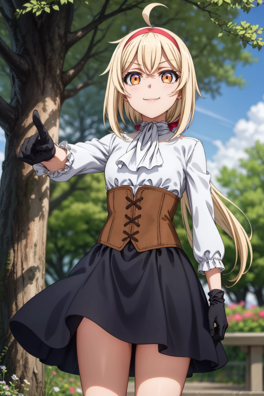 1girl, (masterpiece:1.3), (high resolution), (8K), (extremely detailed), (4k), (pixiv), perfect face, nice eyes and face, (best quality), (super detailed), detailed face and eyes, (solo), textured skin, absurdres, highres, <lora:more_details:0.5>, <lora:alyssa-09:0.7>, alyssawz, orange eyes, black gloves, very long hair, blonde hair, red hairband, black skirt, white shirt, long sleeves, white ascot, ahoge, corset, hair ribbon, frills, smile, nature, tree, flower, garden, view from below, angry, pointing at viewer, evil smile