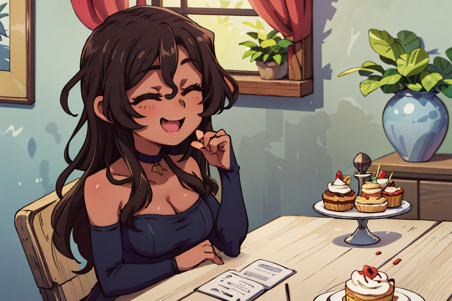 1girl, (masterpiece:1.3), (high resolution), (8K), (extremely detailed), (4k), (pixiv), perfect face, nice eyes and face, (best quality), (super detailed), detailed face and eyes, (solo), textured skin, absurdres, highres, <lora:more_details:0.4>, <lora:viola-09:0.7>, violawz, dark skin, choker, long hair, blue eyes, brown hair, long dress, black dress, bare shoulders, cleavage, bridal gauntlets, large breasts, indoors, room, table, cupcake, tea, smile, closed eyes, sitting,