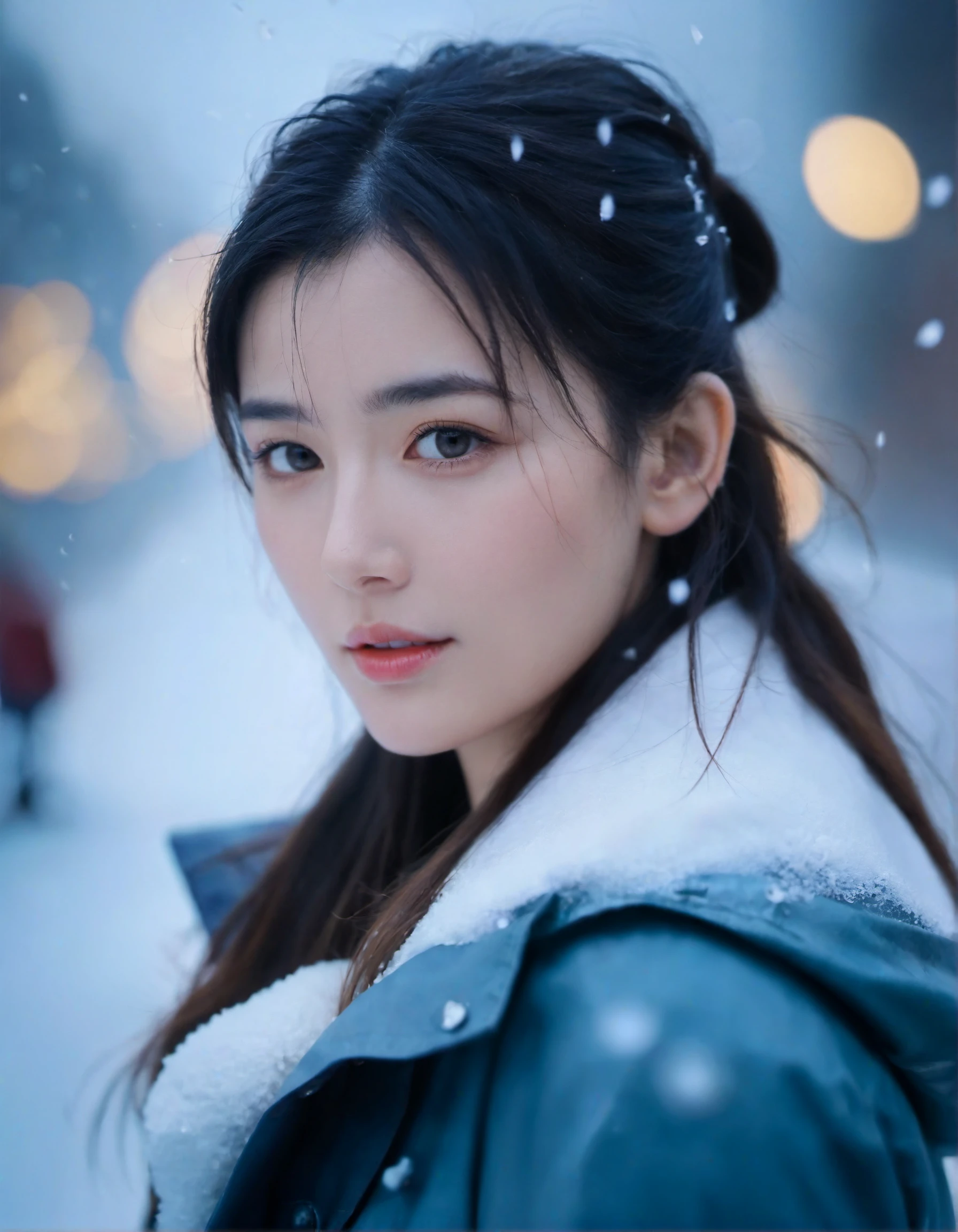 cinematic photo adult girl, (close shot), snow treading, rain dripping, fog filling, . 35mm photograph, film, bokeh, professional, 4k, highly detailed