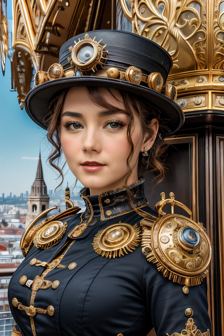 <lora:ThaidollArunee_v1A:0.8>1girl, thaiarunee,high quality, 8K Ultra HD, high detailed, Steampunk Time Voyager, like a fairy tale, The protagonist, a courageous young beautiful woman adorned in a blend of vintage and futuristic attire, Embark on a thrilling journey through time in a steampunk-infused world, where past and future intertwine in perfect unison, This intricate digital art piece captures the essence of a daring time voyager exploring a Victorian-era metropolis with a steampunk twist, stands atop a colossal clock tower adorned with ornate cogs and gears, propelled by precise mechanical propellers, The city's architecture harmoniously blends classic Victorian elegance with intricate steampunk machinery, resulting in a visually captivating juxtaposition, by yukisakura, awesome full color, upper body, (face close-up:1.3),