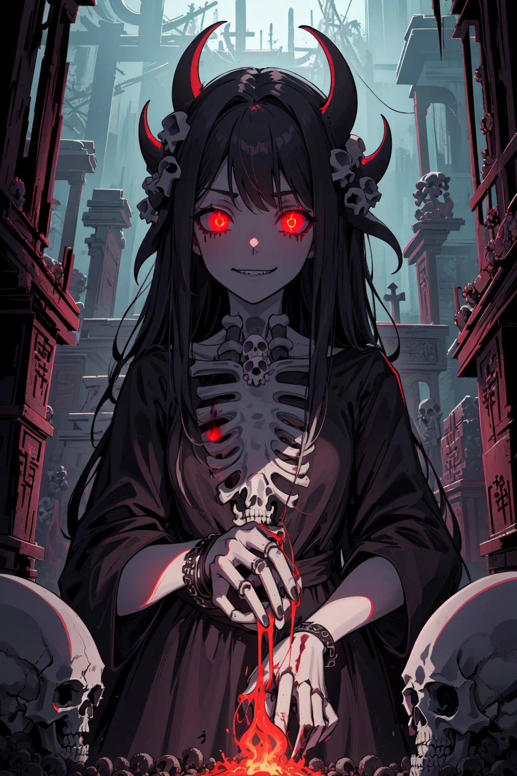 (thriller theme,bloody violence themes:1.3),(unholy mollusk tentacles,extremism:1.4),
(a cult temple built entirely from skulls and bones,:1.6),
good detailed, (glowing background),
, masterpiece, best quality, wide-angle Hyperdetailed, masterpiece, 8k, natural lighting, soft lighting, sunlight, HDR (High Dynamic Range), Maximum Clarity And Sharpness, Multi-Layered Textures,
looking at viewers,close to viewers,night,unholy,
(faith of the deceased,absolutely malicious cult,human sacrifice ceremony,eerie black fog and blood mist,eerie frenetic smile:1.4),(severe bleeding, self-mutilation:1.4)
1 girl,upper body,perfect detailed eyes and face,frown,red eyes,white hair,skulls and bones theme's dressing,beautiful detailed black gothic dress,blood tears
(glowing eyes,messy long hair:1.5),
lens flare,light leaks,