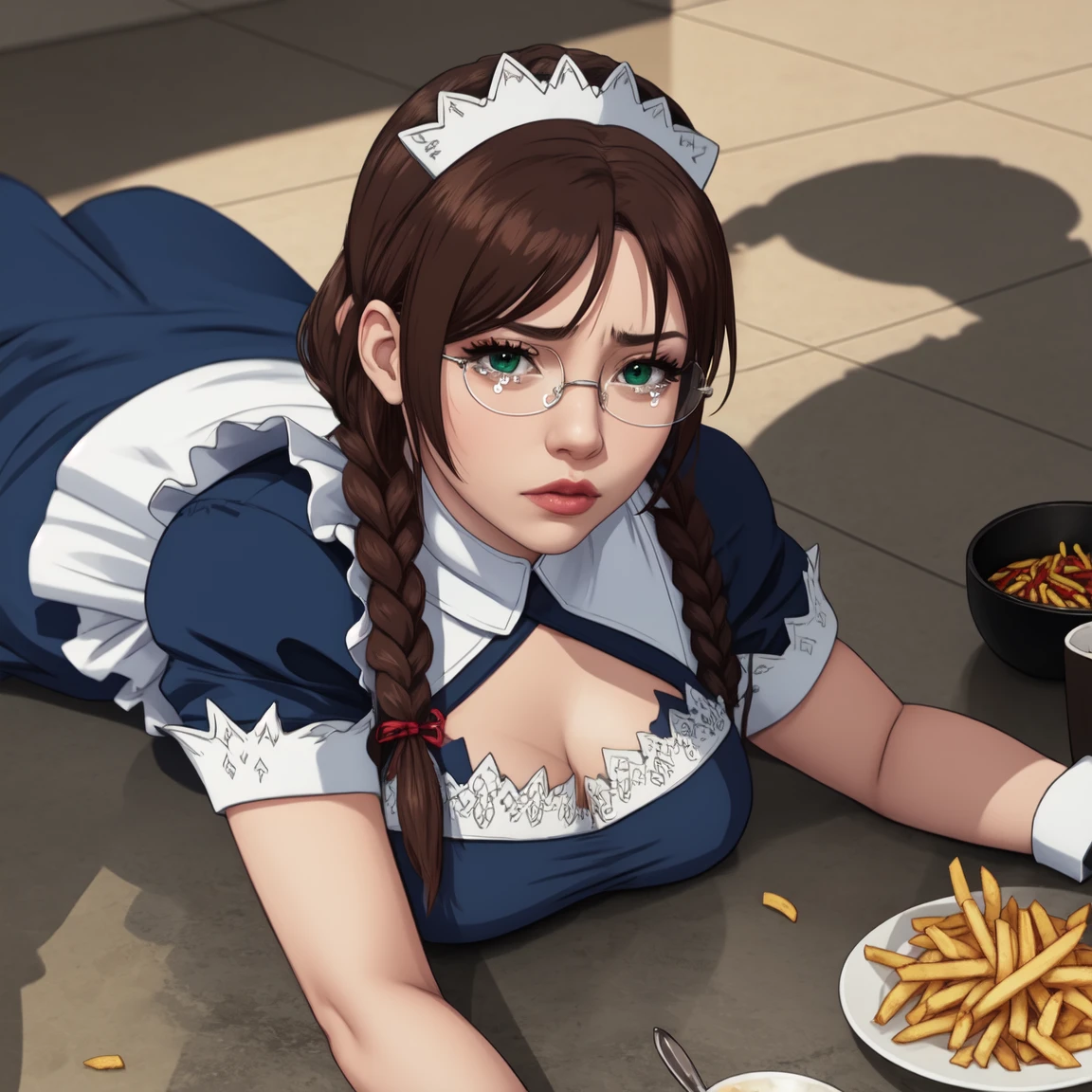 (masterpiece, high quality:1.1), cinematic lighting, extremely detailed,
mitaraiyuuna, (ApuMeme:1.2), lying, tears, on stomach, food, spill, (crying:0.7), shadow, on floor, cup, french fries, messy, upper body,
brown hair, twin braids, lipstick, makeup, green eyes, glasses,
maid headdress, (maidoutfit:1.1), short sleeves, cuffs,
huge breasts, curvy,
indoors, luxury room,
<lora:MitaraiYuuna:0.8> <lora:ApuSpillsHisTendiesMeme:1.1>