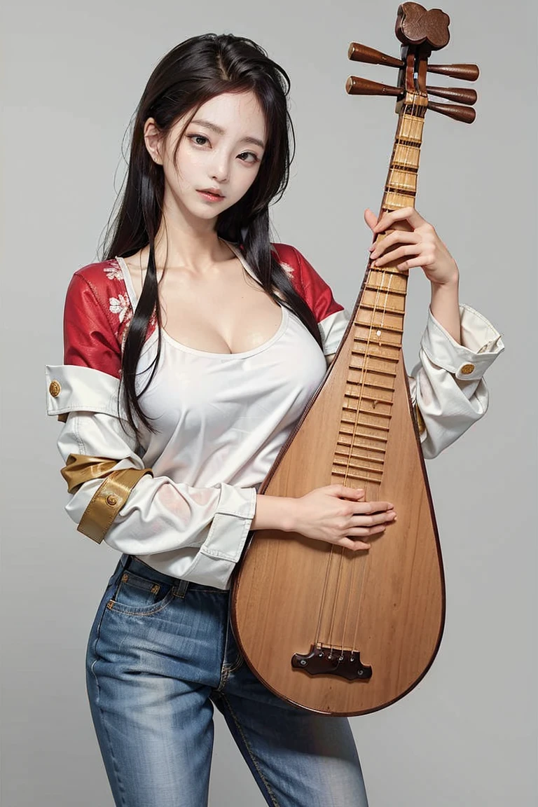 1girl, (playing_pipa, holding pipa), big breasts, breasts outline, jeans, jacket,
long straight hair, (golden hair), offshoulder-top,
masterpiece, best quality, 8k