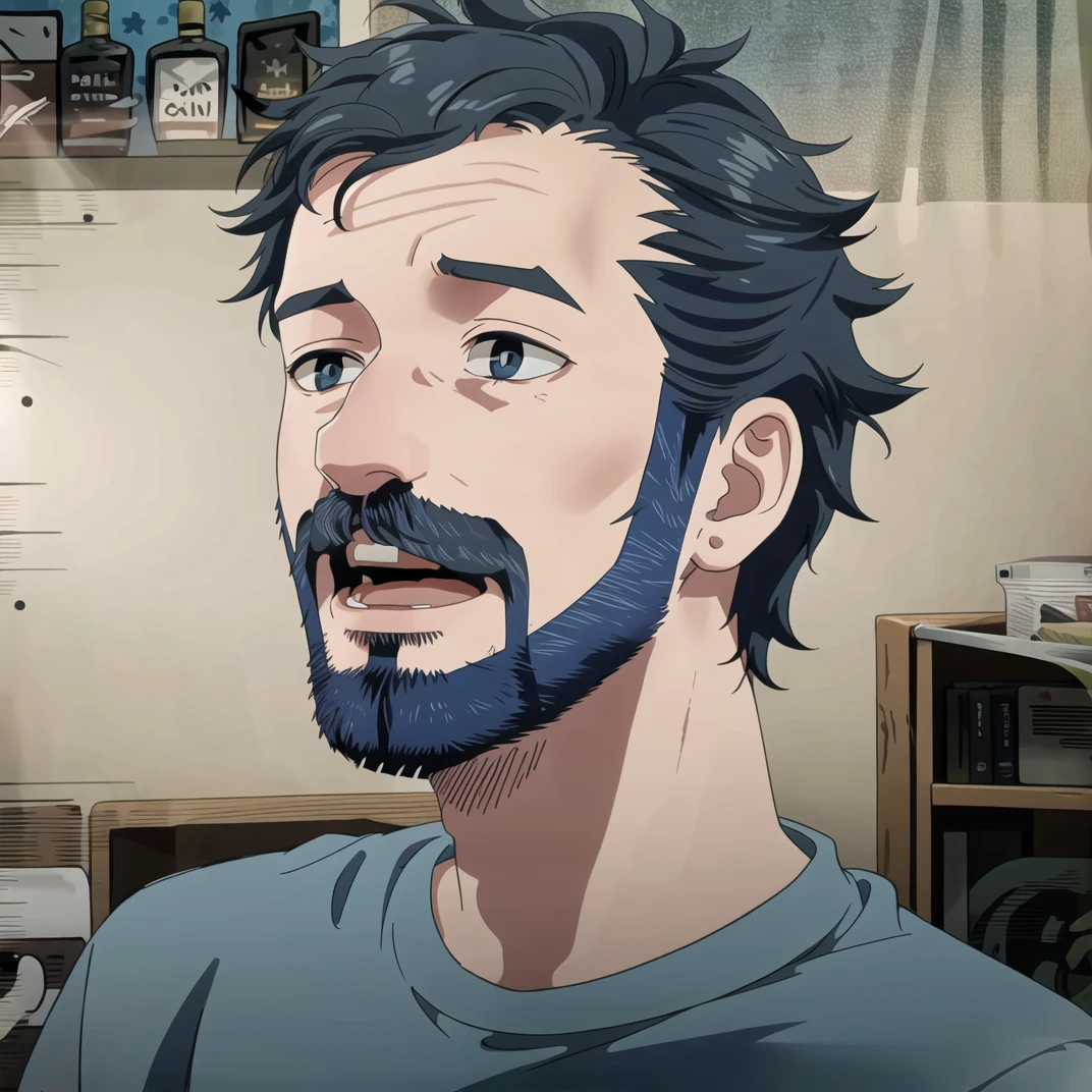 1boy, facial hair, beard, male focus, solo, shirt, mustache, open mouth, blue shirt, looking at viewer, realistic, black hair, teeth, indoors, masterpiece, best quality,