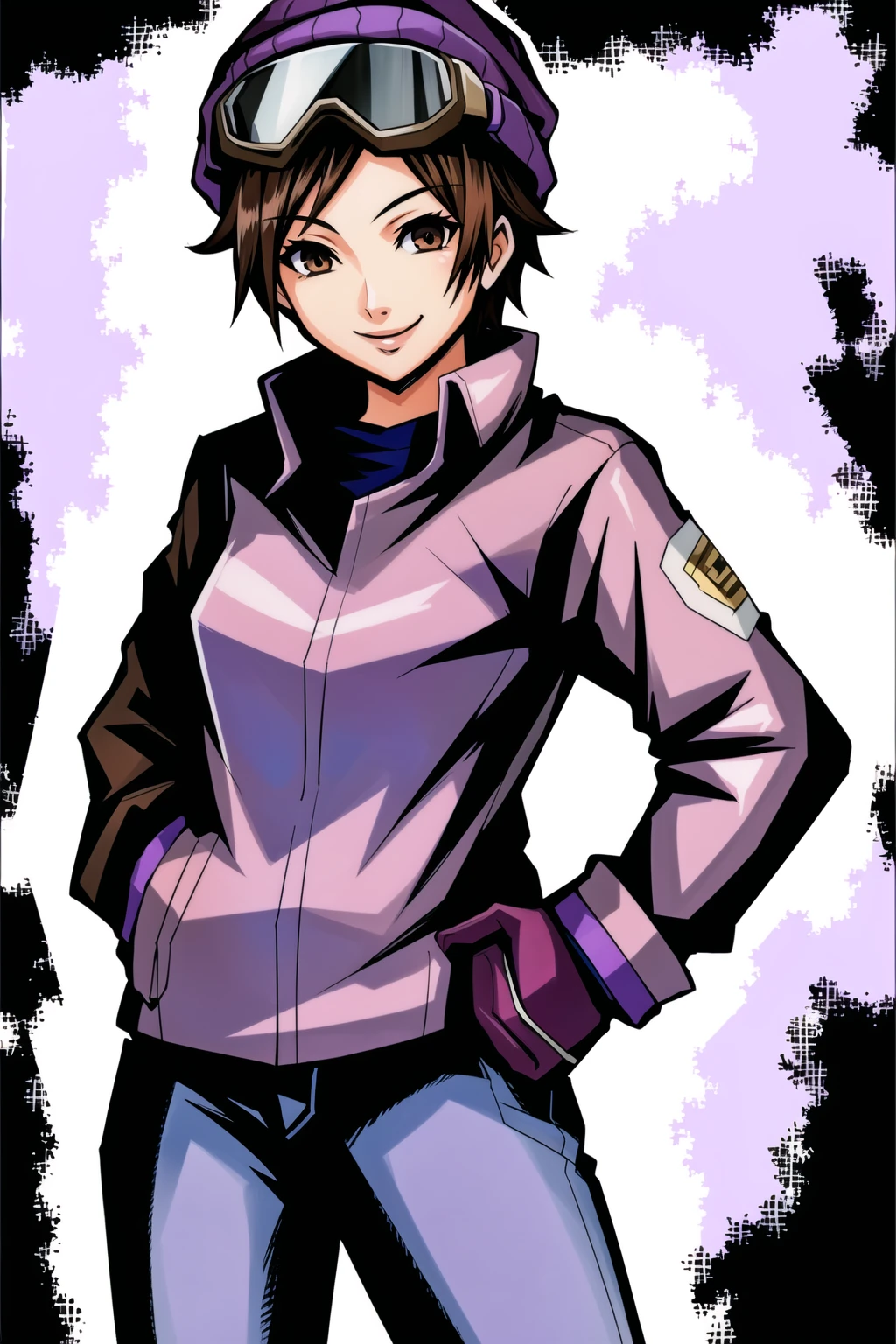 1girl,akarih1080,standing,brown eyes,hands in pockets,winter clothes,thick coat,thick pants,purple clothes,cloth hat,tomboy,goggles,smiling,cowboy shot,looking at viewer,gloves, <lora:AkariH1080:0.9>
