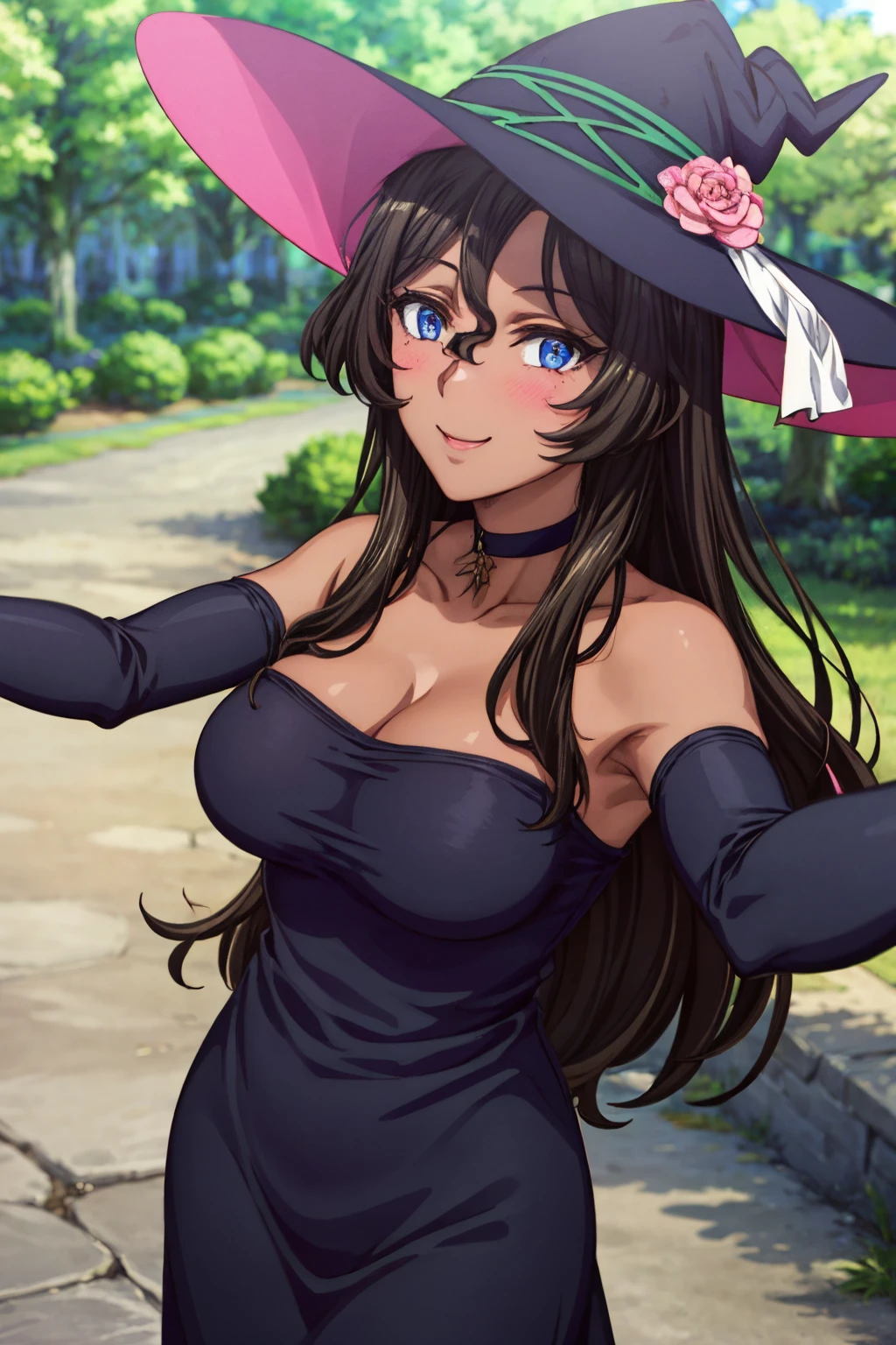 1girl, (masterpiece:1.3), (high resolution), (8K), (extremely detailed), (4k), (pixiv), perfect face, nice eyes and face, (best quality), (super detailed), detailed face and eyes, (solo), textured skin, absurdres, highres, <lora:more_details:0.6>, <lora:viola-09:0.7>, violawz,  dark skin, choker,  witch hat, long hair, blue eyes, hat flower, brown hair, long dress, black dress, bare shoulders, cleavage,  bridal gauntlets, large breasts, standing, cowboy shot, looking at viewer, outdoors, town, nature, tree, (pov:1.5), (selfie:1.5), smile, blush