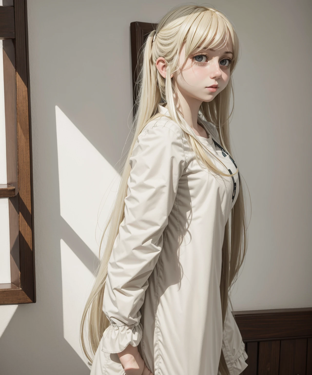 1girl, solo, realistic, long hair, shirt, olive eyes, large cheeks, blonde hair, standing