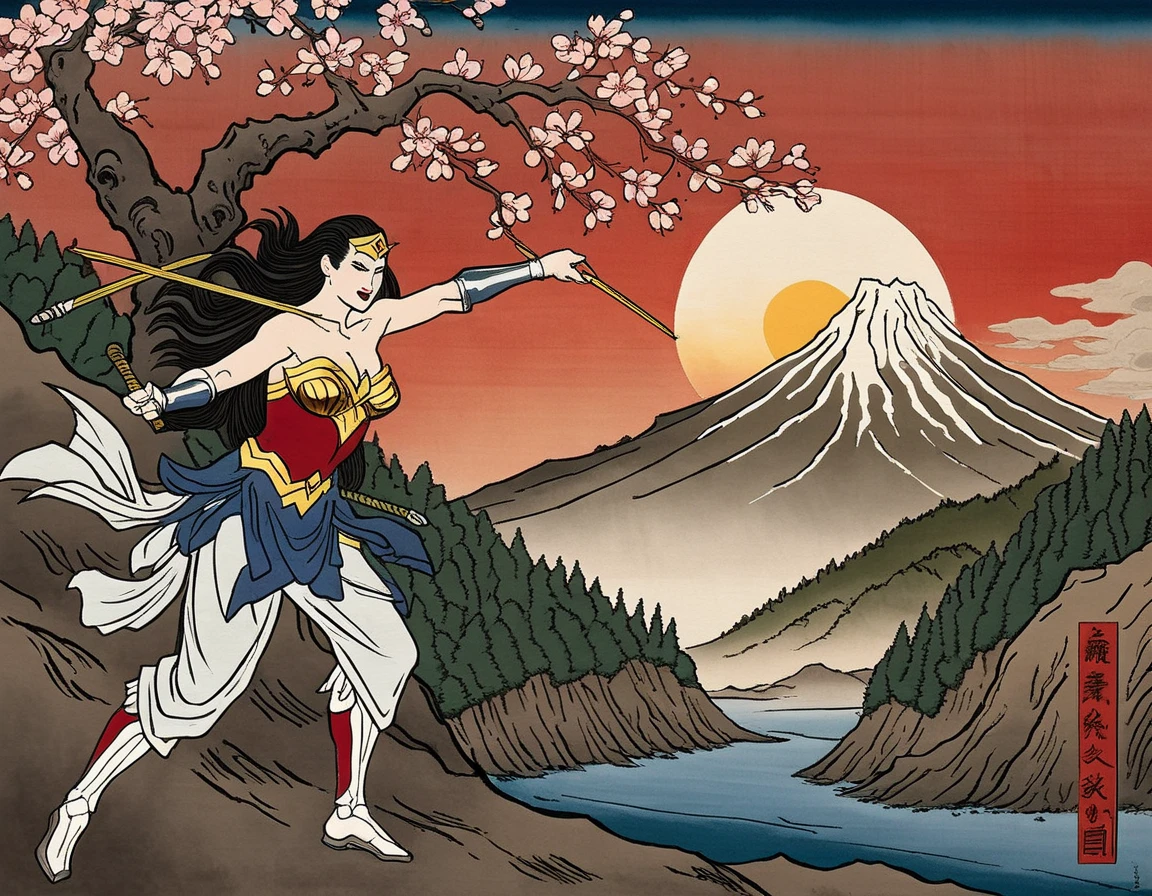 A painting image in the style of a water-ink painting that captures the essence of Japanese Ukiyo-e art. The subject is Wonder Woman standing on a mountain peak, glowing with an ethereal light. Her pose should be majestic, perhaps with her arms crossed or holding her Lasso of Truth, exuding a sense of power and serenity. The background should feature a traditional Japanese landscape, possibly with cherry blossoms or pine trees, and maybe a rising or setting sun. The paper should have an aged appearance to give a sense of antiquity. The color palette should be subdued, with low saturation to mimic the traditional Ukiyo-e style.,<lora:ukiyoe:0.75>