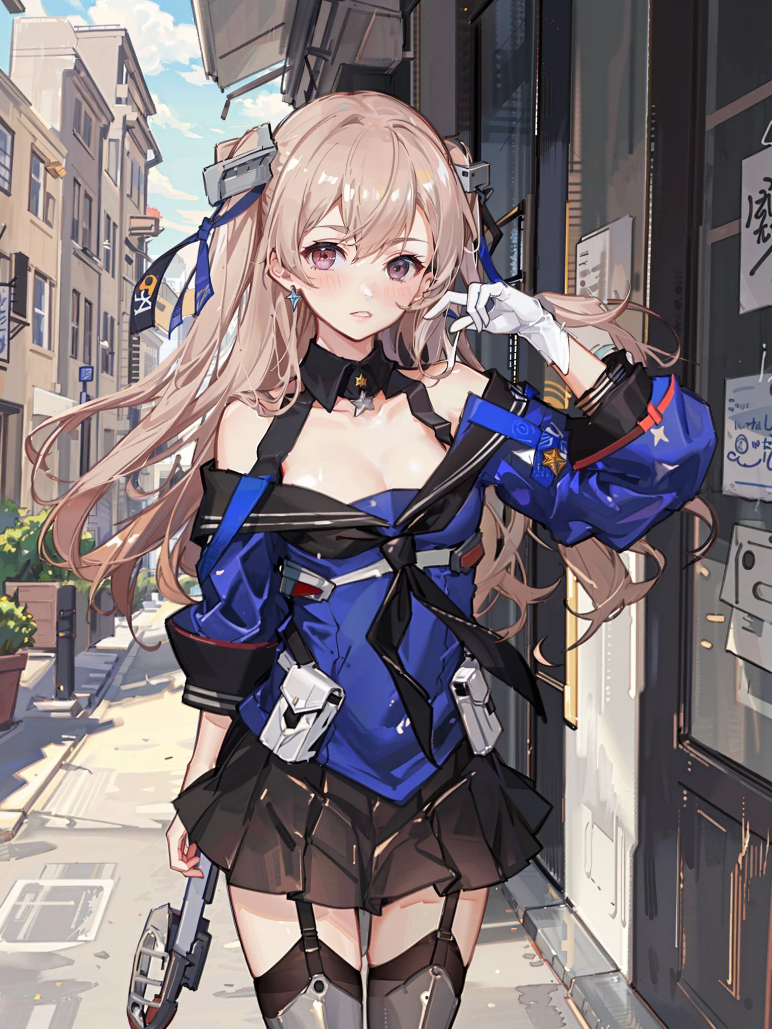 johnston \(kancolle\), 1girl, solo, skirt, thighhighs, breasts, garter straps, off shoulder, black thighhighs, black skirt, shirt, pleated skirt, school uniform, sailor collar, blue shirt, cleavage, medium breasts, serafuku, outdoors, looking at viewer, cowboy shot, star \(symbol\), gloves, collarbone, standing, blush, original, intricate detail, illustration, masterpiece, extremely detailed CG unity 8k wallpaper, highlight, sharpening, dynamic, <lora:Johnston-5:0.5>