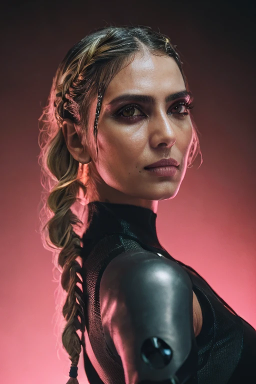 <lora:Malavika-10:0.85>, (photo of a gorgeous woman), (professional photography), (cyberpunk background), ((as a cyberpunk fighter)), (medium body portrait), ((fishtail braided hair, blonde hair)), masterpiece, best quality, (eye contact), (looking at the viewer), centred, (shot from front), blurred_background, proportional