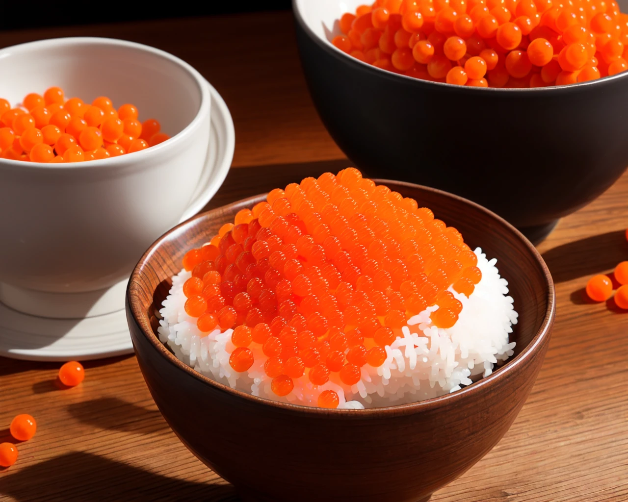 <lora:fish_roe_v1:0.5>,food, indoors, blurry, cup, no humans, food focus, still life, rice bowl, wooden table, orange roe, realistic, cinematic lighting