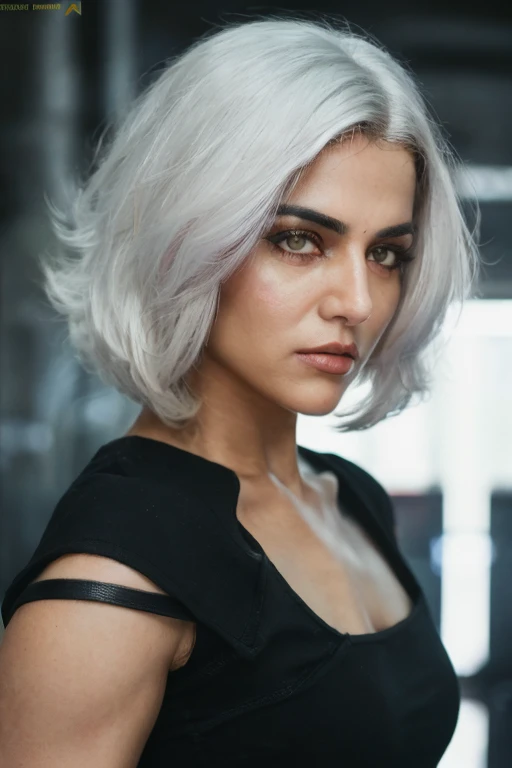 <lora:Wamiqa-09:0.85>, (photo of a gorgeous woman), (professional photography), (cyberpunk background), ((as a cyberpunk fighter)), (medium body portrait), ((white hair)), masterpiece, best quality, (eye contact), (looking at the viewer), centred, (shot from front), blurred_background, proportional