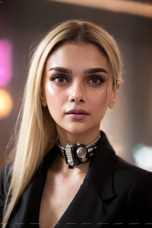 (photo of a gorgeous woman), (professional photography), (cyberpunk  background), ((as a cyberpunk girl)), detailed face, (medium body portrait), (blonde hair), masterpiece, best quality, (eye contact), (looking at the viewer), centred, (shot from front),  ((cinematic lighting)), blurred_background, proportional, <lora:Aditi_Rao-10:0.85>