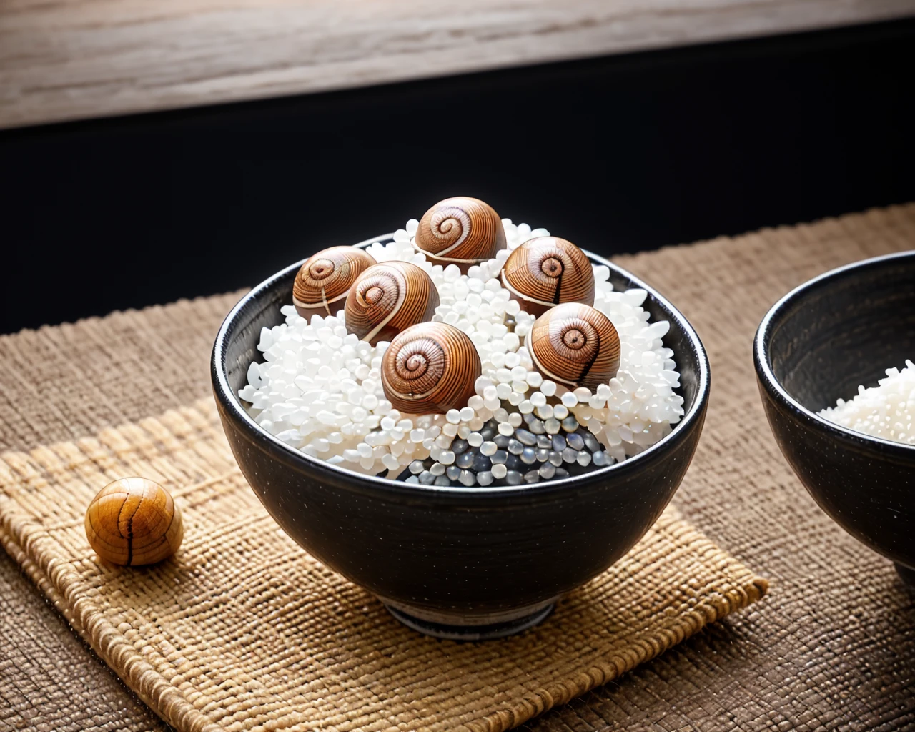 <lora:fish_roe_v1:0.5>,food, indoors, blurry, cup, no humans, food focus, still life, rice bowl, pearl (gemstone), realistic, snail egg, cinematic lighting