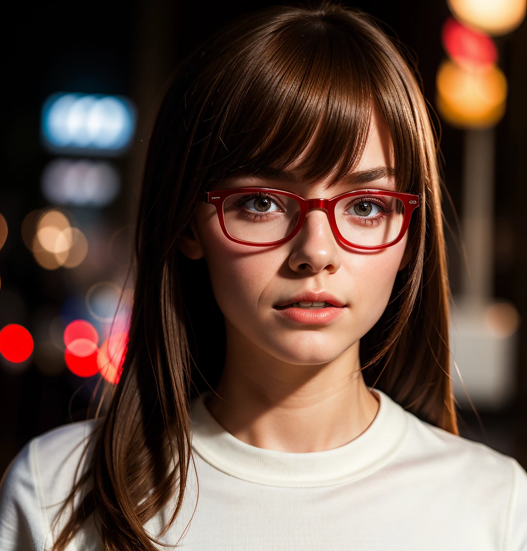 1girl, (young:1.3) ,glasses red, fringe, short and long red, photo,8k,sharp focus, face beautiful, Best quality, masterpiece, ultra high res, (photorealistic:1.4), eyes, raw photo, cinematic lighting, white glitter pullover shirt