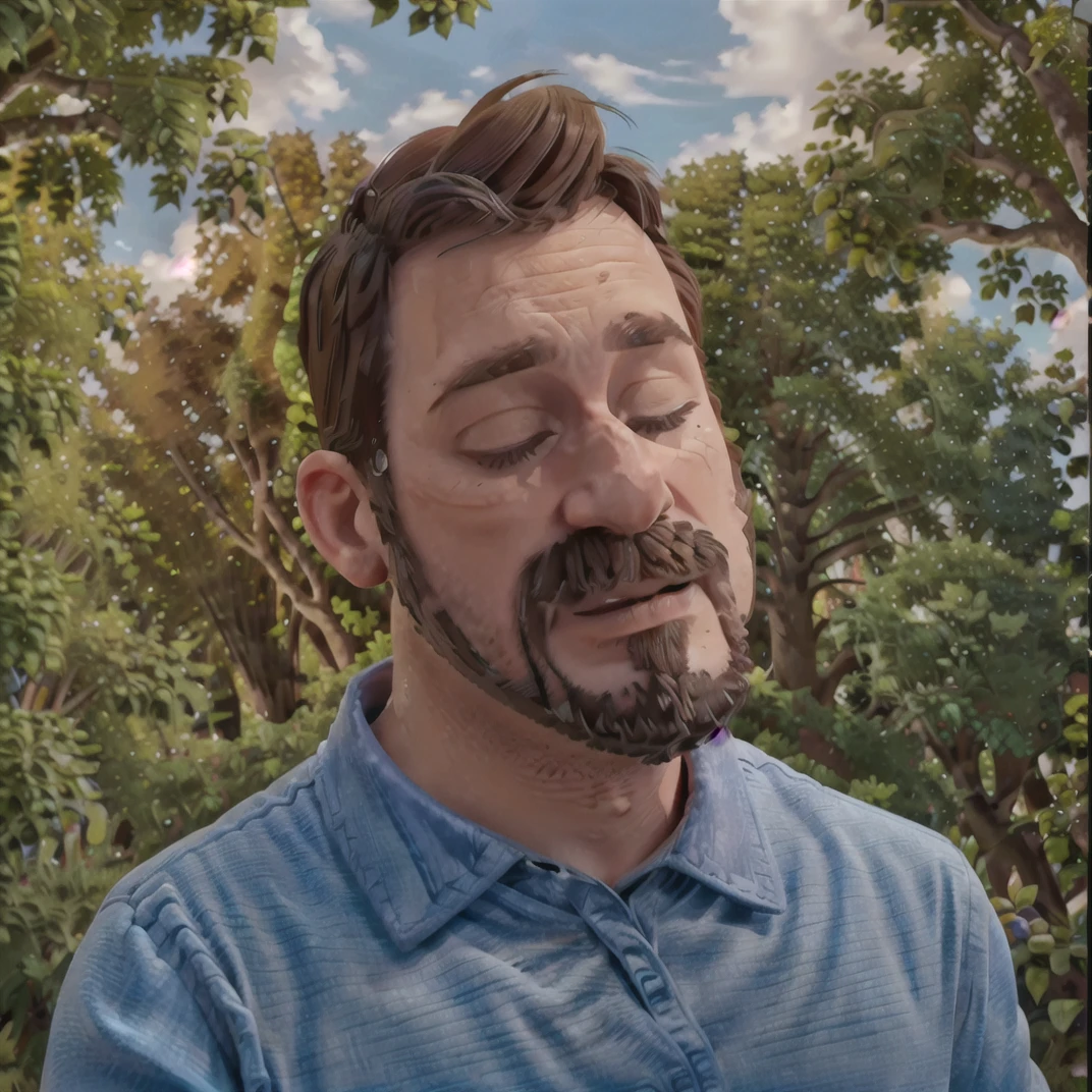 1boy, male focus, solo, realistic, facial hair, day, outdoors, beard, cloud, sky, shirt, tree, blue shirt, brown hair, closed eyes, mustache, collared shirt, masterpiece, best quality,