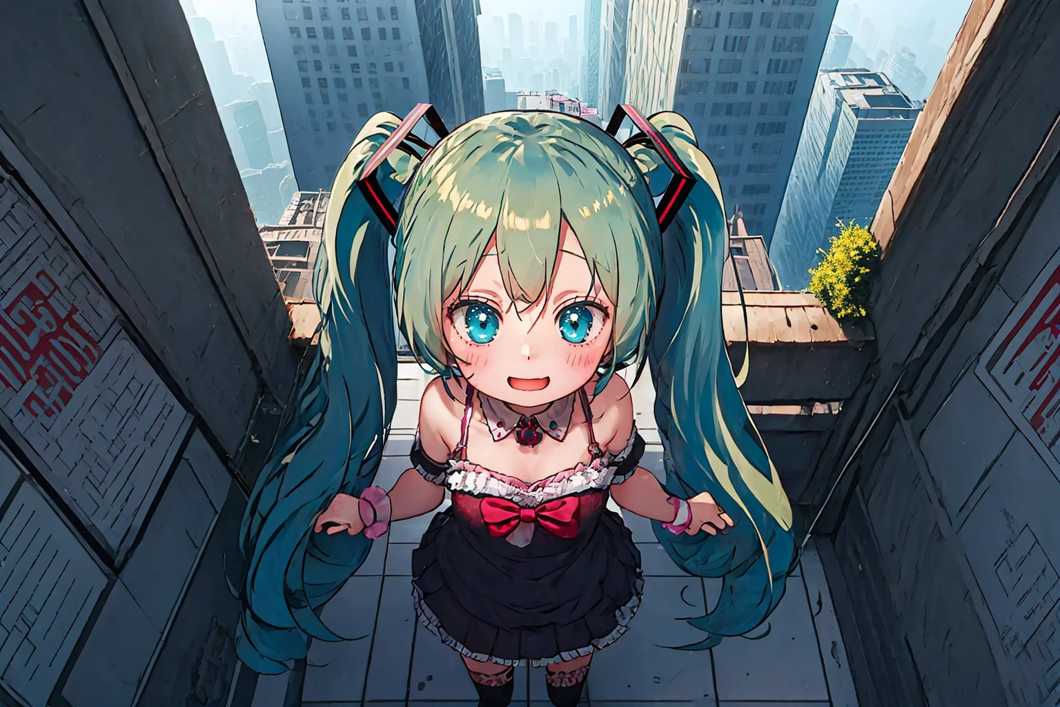 a girl on a skyscraper, from above, <lora:yukino_minato_style_v2:1:1:lbw=.45,1.2,1.5,-1,-1,1,1,1,1,1,1,1,1,1,2,2,1.5,1,2,2,2,1,1,1,1,1>, (hatsune miku:1.2), twintails, cyan hair