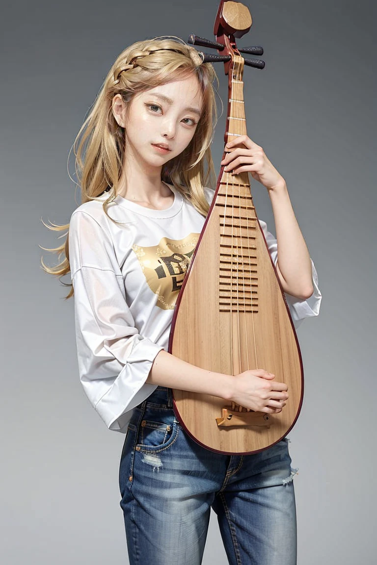 1girl, ((playing_pipa, holding pipa, golden hair)), golden hair, jeans, T-shirt, 
masterpiece, best quality, 8k