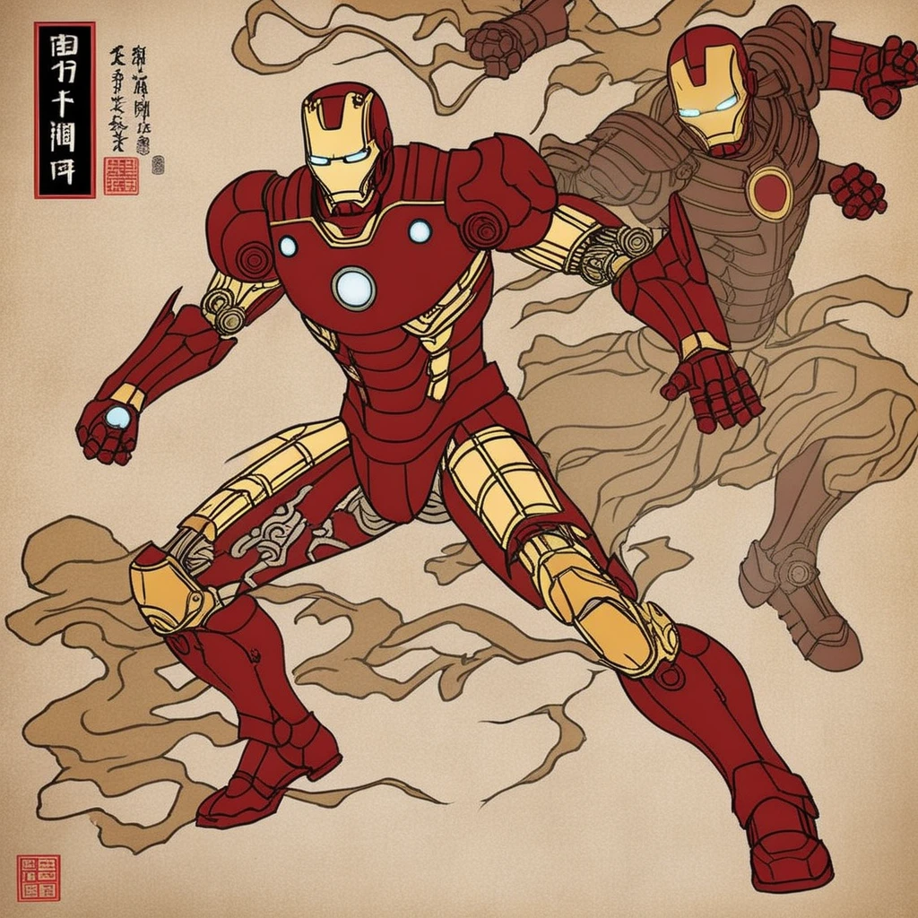 The illustration vividly portrays Iron Man, but there's a unique twist. The armor Tony Stark is typically known for has been transformed by the traditional Japanese Ukiyo-e art style. Instead of the sleek, futuristic look, Iron Man's armor now boasts intricate patterns, ornate embellishments, and accessories reminiscent of samurai armor. The color palette harmoniously blends Iron Man's signature red and gold with muted, classical Ukiyo-e shades. Set against an aged and textured backdrop akin to old parchment or scrolls, the image perfectly captures a convergence of the modern superhero icon with ancient Japanese artistry, <lora:ukiyoe:0.75>