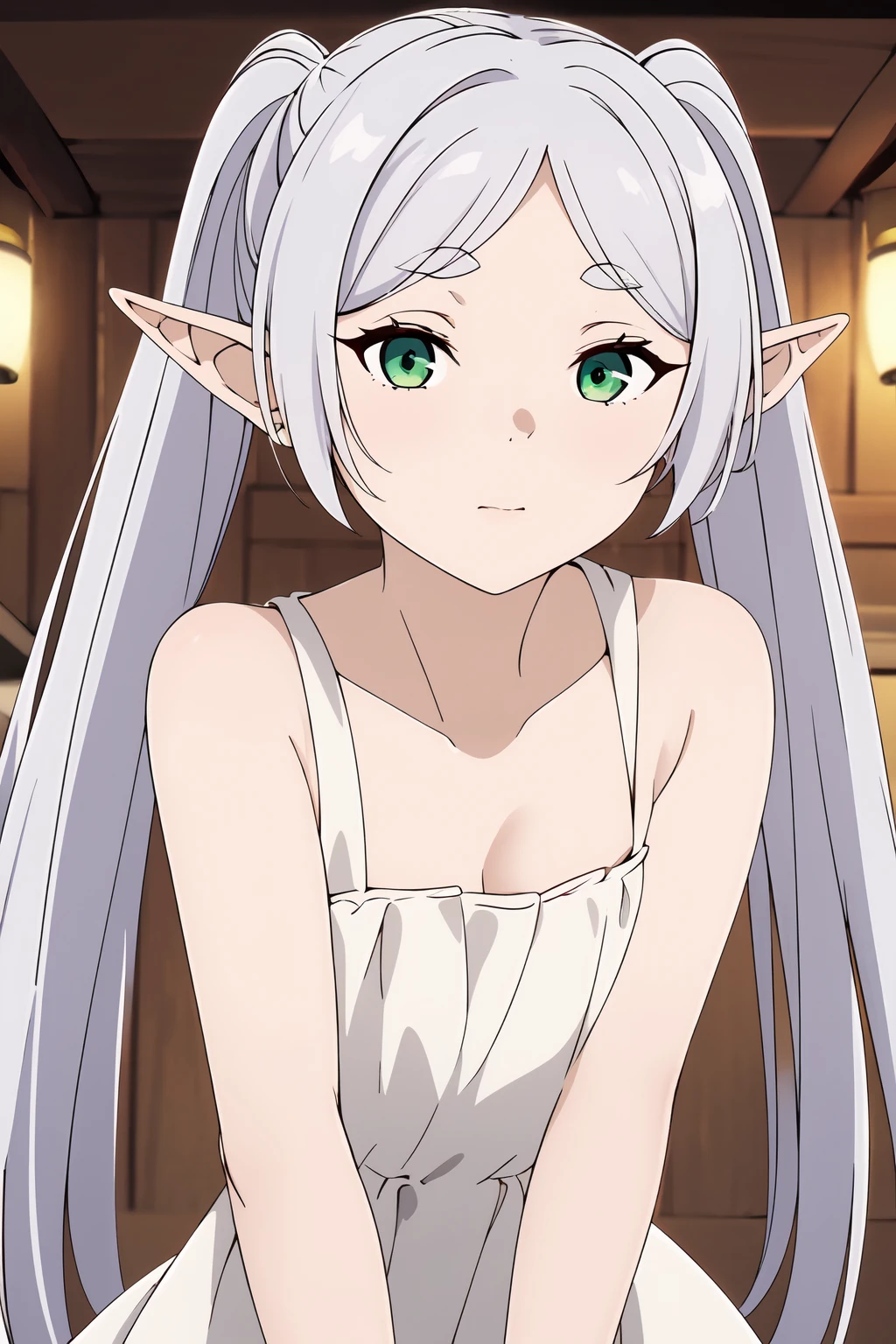 <lora:èèè®1V:0.6>,èèè®,1girl,solo,elf,white hair,grey hair,earrisleeveless dress,white dress,sleeveless dress,bare shoulders,collarbone,ngs,pointy ears,long hair,ponytail,green eyes,twintails,parted bangs,thick eyebrows,nsfw,small breasts,cleavage,nsfw, 20yo,Young female,Beautiful Finger,Beautiful long legs,Beautiful body,Beautiful Nose,Beautiful character design, perfect eyes, perfect face,expressive eyes,
looking at viewer,
official art,extremely detailed CG unity 8k wallpaper, perfect lighting,Colorful, Bright_Front_face_Lighting,shiny skin, 
(masterpiece:1.0),(best_quality:1.0), ultra high res,4K,ultra-detailed,
photography, 8K, HDR, highres, absurdres:1.2, Kodak portra 400, film grain, blurry background, bokeh:1.2, lens flare, (vibrant_color:1.2), (beautiful_face:1.5),(narrow_waist), ,NSFW,, Exquisite visuals, high-definition,masterpiece,best quality,