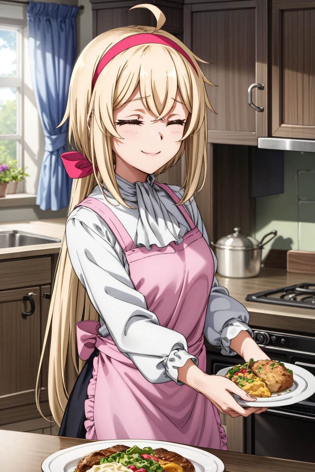 1girl, (masterpiece:1.3), (high resolution), (8K), (extremely detailed), (4k), (pixiv), perfect face, nice eyes and face, (best quality), (super detailed), detailed face and eyes, (solo), textured skin, absurdres, highres, <lora:more_details:0.5>, <lora:alyssa-09:0.7>, alyssawz, orange eyes, very long hair, blonde hair, red hairband, black skirt, white shirt, long sleeves, white ascot, ahoge, hair ribbon, frills, pink apron, kitchen, dynamic pose, meal, looking at viewer, closed eyes, smile