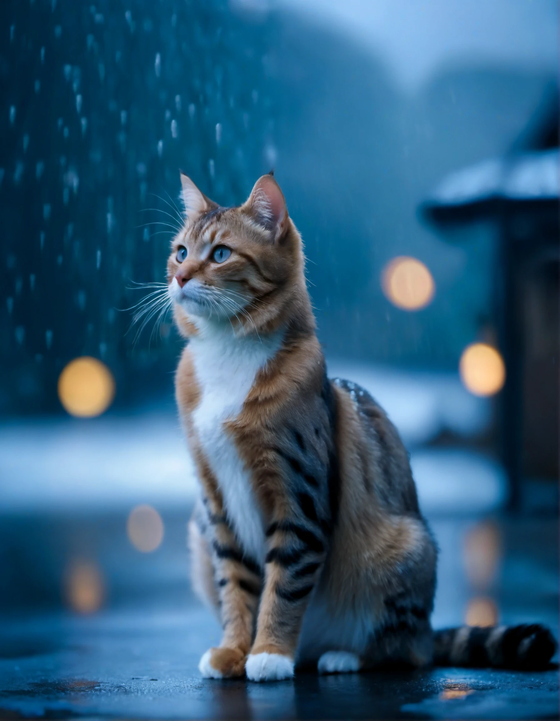 cinematic film still little cat, (close shot), snow treading, rain dripping, fog filling, . shallow depth of field, vignette, highly detailed, high budget, bokeh, cinemascope, moody, epic, gorgeous, film grain, grainy