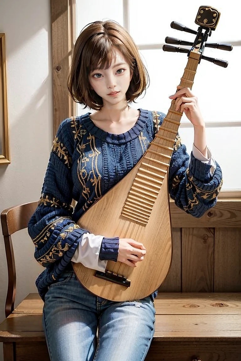 1girl, ((playing_pipa, holding pipa, golden hair)), Bob Cut, jeans, blue sweater, indoor,
masterpiece, best quality, 8k
