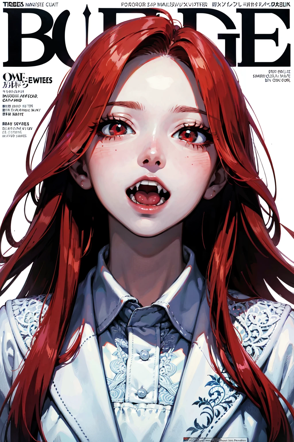 (best quality, masterpiece:1.1), (Intricate detailed:1.2),   ((close up,    looking up, 1girl, gentle face, red hair, absurdly long hair, messy hair,      (fangs), (vampire), bet wings (long white labcoat) BREAK ( (magazine, magazine cover background, simple background:1.1)) in the background,  ):0.8)