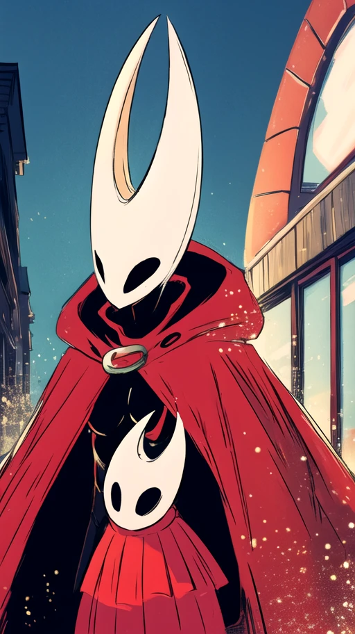 (1girl:small breasts, red cape, mask, <lora:LoRA_Hornet:0.8>, hornet \(hollow knight\), black skin), posing for a photoshoot