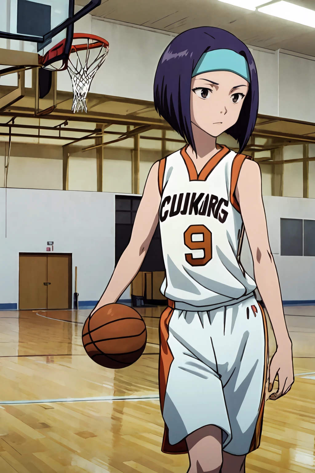 (masterpiece, best quality:1.2), highres, anime screencap, anime coloring, 1girl, solo, dynamic pose, 
Tomoyo_Kurobe, purple hair, short hair, bob cut, black eyes, brown eyes, small breasts, headband, hairband,
sportswear, basketball uniform, sleeveless, bare shoulders, 
standing, basketball, 
indoors, gym, basketball court, 
<lora:add_detail_CyberAlchemist:0.4>, <lora:GoodHands-beta2:1.0>, <lora:TomoyoKurobe-000010:1>,