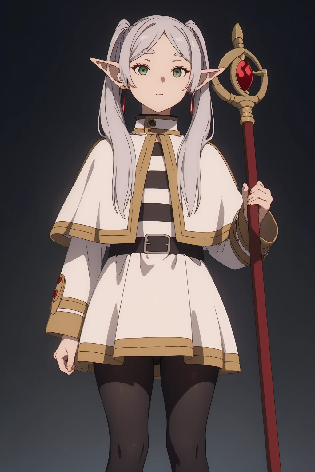 <lora:èèè®1V:0.7>,1girl,solo,elf,white hair,grey hair,earrings,pointy ears,long hair,ponytail,green eyes,twintails,parted bangs,thick eyebrows,collared capelet,white capelet,striped shirt,long sleeves,striped,white skirt.,
pantyhose,brown footwear,expressionless,red staff,, Exquisite visuals, high-definition,masterpiece,best quality,, Exquisite visuals,high-definition,masterpiece,best quality,18yo,Young female,Beautiful Fingers,Beautiful long legs,Beautiful body,Beautiful character design,white panties,