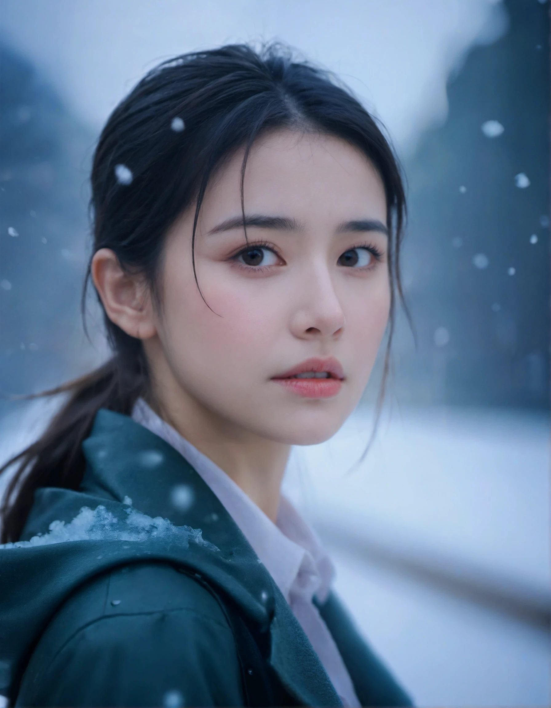 cinematic film still adult girl, (close shot), snow treading, rain dripping, fog filling, . shallow depth of field, vignette, highly detailed, high budget, bokeh, cinemascope, moody, epic, gorgeous, film grain, grainy